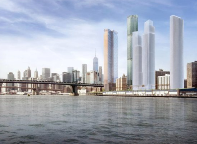 A rendering of what the four towers in Two Bridges would look like on the East River.